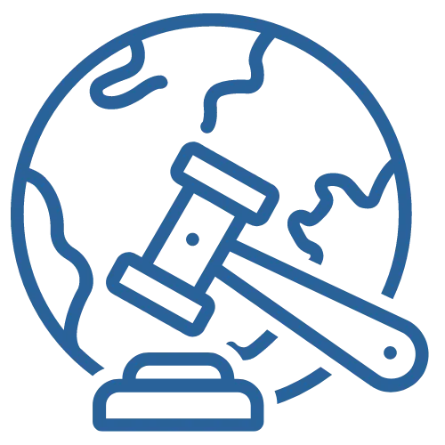Gerichtsstand Icon mit Erde und Richterhammer